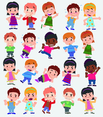 Cartoon character boys and girls. Set with different postures, attitudes and poses, doing different activities. Vector illustrations.