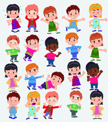 Cartoon character boys and girls. Set with different postures, attitudes and poses, doing different activities. Vector illustrations.