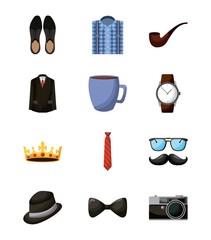 happy fathers day casual elegant clothe cup coffee moustache shoes camera smoking pipe vector illustration