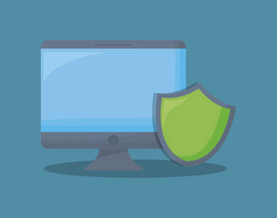 cyber security design with computer and shield over blue background, colorful design. vector illustration