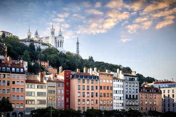 Naklejka premium Lyon, Notre-Dame de Fourviere Basilica with Saone river, France
