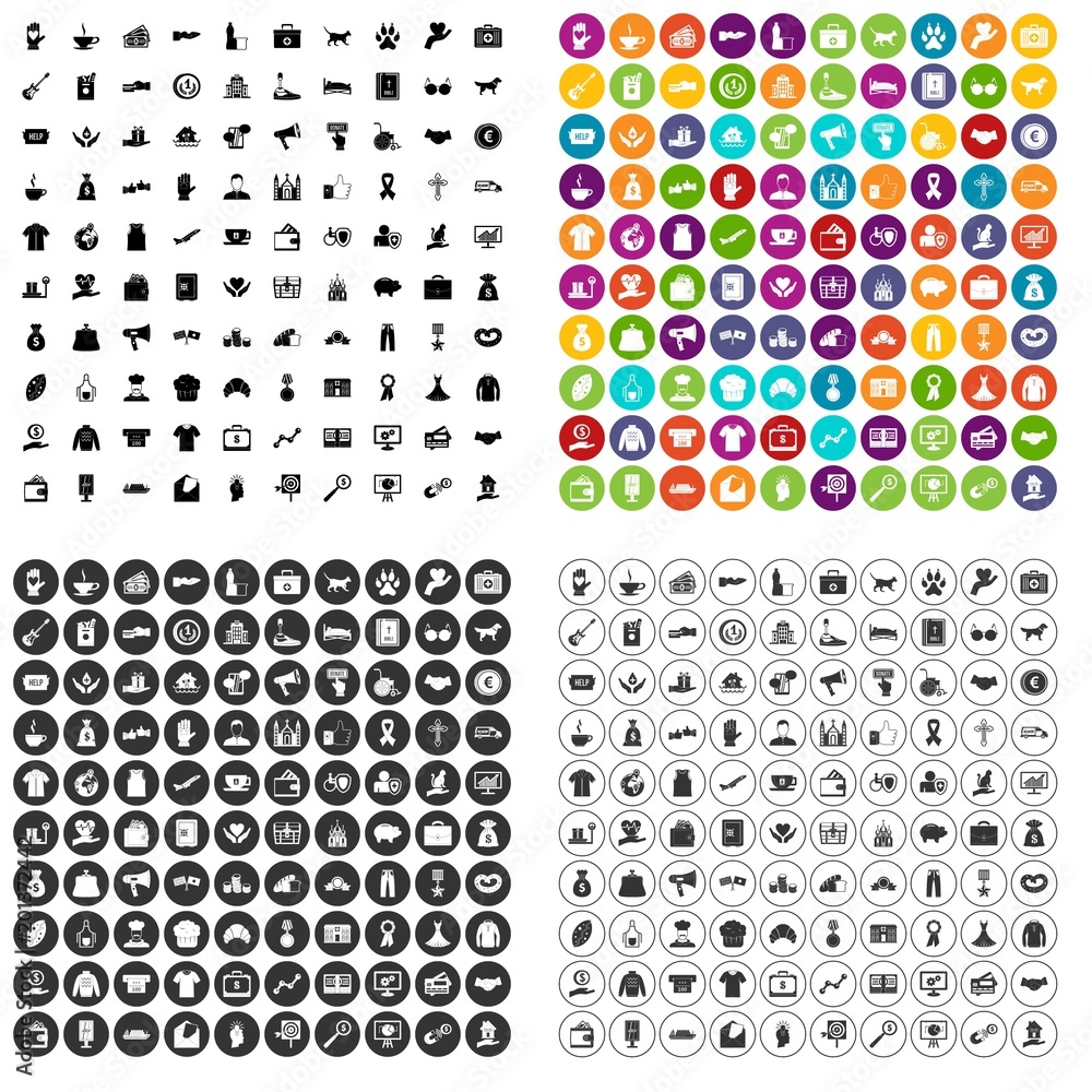 Poster 100 charity icons set vector in 4 variant for any web design isolated on white