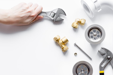 concept plumbing work top view on white background