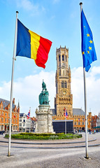 Central Market Square in Bruges, Belgium. Belfort van Brugge