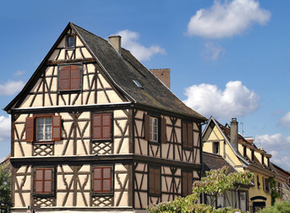 Fototapeta na wymiar Typical house, visible wooden structure, in Alsace, France, Europe 