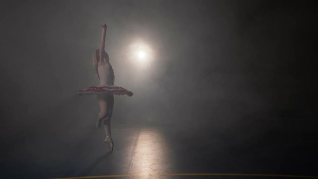 Blonde sensual ballerina auditioning for leading role in a theatrical piece and focusing on dancing in slow motion