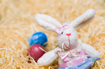Concept of Easter, plush Easter bunny on straw background with d