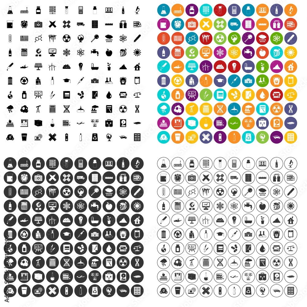 Poster 100 chemistry icons set vector in 4 variant for any web design isolated on white
