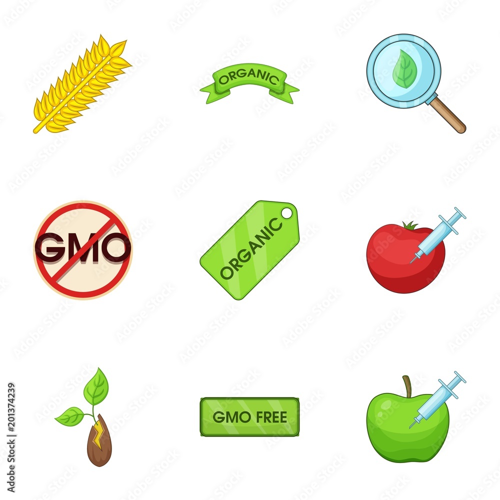 Poster gmo icons set. cartoon set of 9 gmo vector icons for web isolated on white background