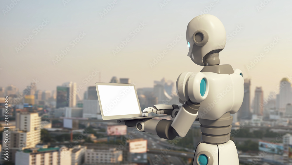 Poster robot using a laptop computer with blank screen in city, artificial intelligence in futuristic techn