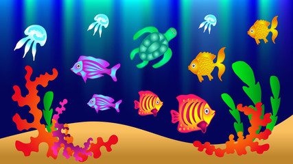 Naklejka na ściany i meble Underwater world with fish, turtle, jellyfish, algae. Vector illustration.