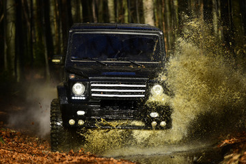 Obraz na płótnie Canvas Car racing in autumn forest. Offroad race on fall nature background. SUV or offroad car on path covered with leaves crossing puddle with water splash. Extreme, challenge and 4x4 vehicle concept