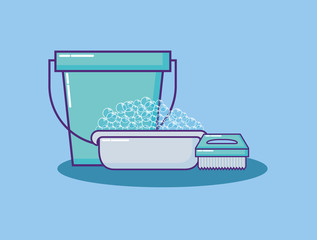 cleaning supplies design with bucket and scrub brush over blue background, colorful design. vector illustration