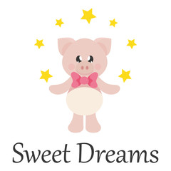 cartoon cute pig with tie and stars with text