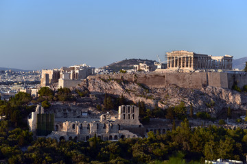Fototapeta na wymiar Athens, Panoramic view of the Acropolis and Lycabettos Hill from Philapoppos Hill. Attica, Greece