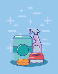 soap box and spray bottle with related icons over blue background, colorful design. vector illustration