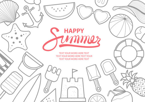 Background design vector illustration for Summer with space for text. Beach stuff in gray outline surround pink text at the middle of picture.