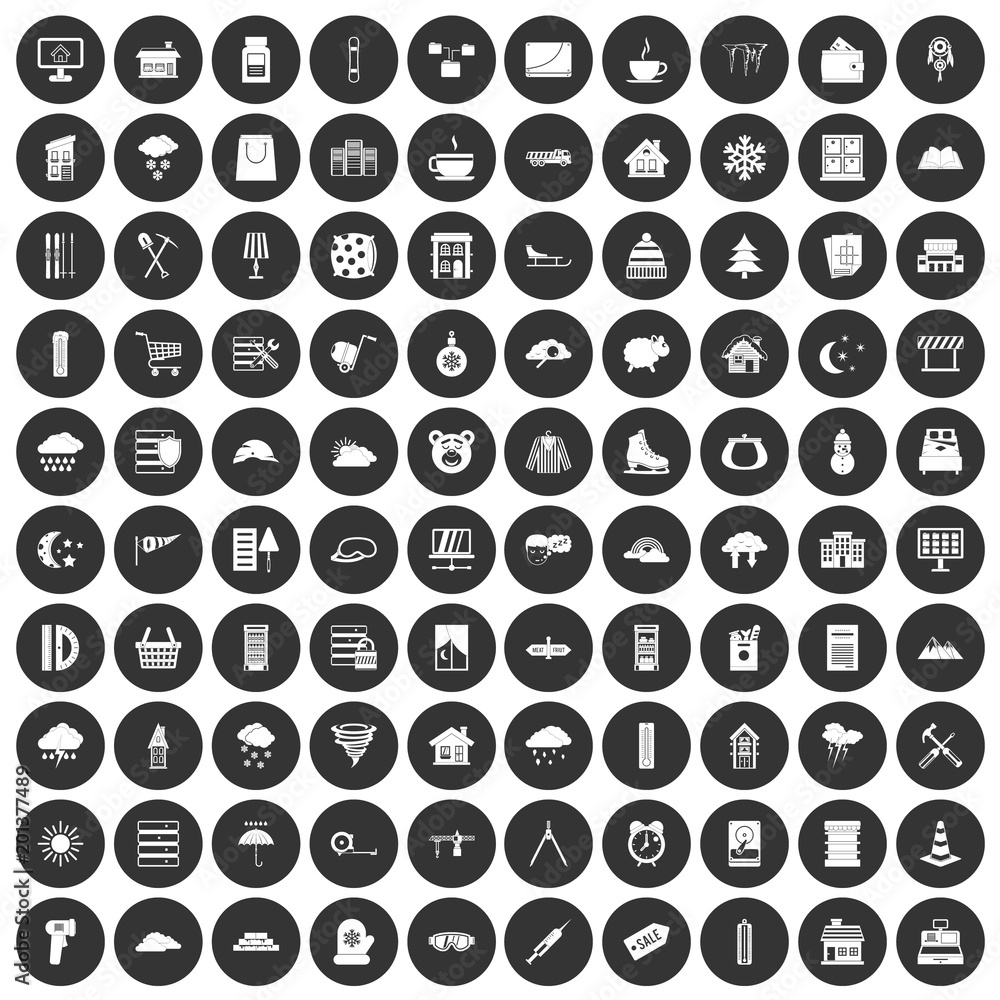 Poster 100 windows icons set in simple style white on black circle color isolated on white background vecto
