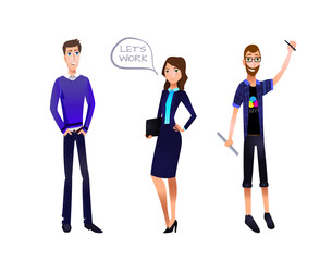 Business Team VECTOR Illustration, Characters Set: Businessman, Businesswoman, Designer.