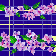 Lilac wild flowers seamless pattern. Small flowers and leaves hand drawn. Vector illustration for textile, wrapping, scrapbooking.