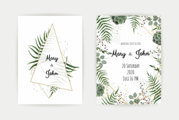 Wedding Invitation with green leaf , eucalyptus branches, decorative wreath frame pattern. Vector elegant watercolor rustic template