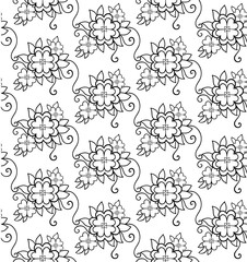 Flowers with leaves. Seamless pattern. Line drawing. For coloring