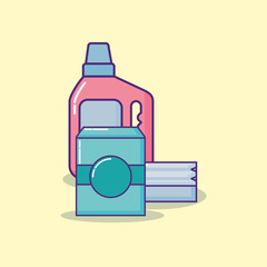 cleaning supplies design with detergent bottle and soap box over yellow background, colorful design. vector illustration 