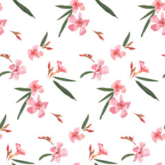 Pink oleander seamless pattern. Botanical illustration hand drawn. Vector floral design for fashion prints, scrapbook, wrapping paper.