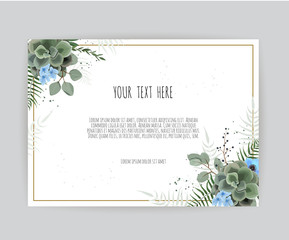 Vector floral design card. Greeting, postcard wedding invite template. Elegant frame with green leaves herbs in watercolor style