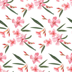 Pink oleander seamless pattern. Botanical illustration hand drawn. Vector floral design for fashion prints, scrapbook, wrapping paper.