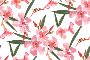 Pink oleander seamless pattern. Botanical illustration hand drawn. Vector floral design for fashion prints, scrapbook, wrapping paper. - obrazy, fototapety, plakaty
