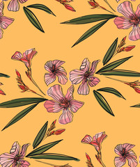 Pink oleander seamless pattern. Botanical illustration hand drawn. Vector floral design for fashion prints, scrapbook, wrapping paper.