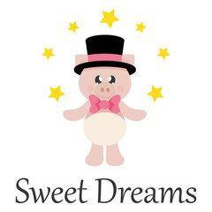 Naklejka premium cartoon cute pig with tie in hat and stars with text