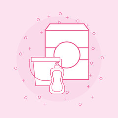 cleaning supplies design with soap box and bucket over pink background, colorful design. vector illustration