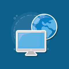 shopping online design with computer and earth planet over blue background, colorful design. vector illustration