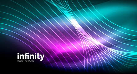 Abstract wave on dark background, shiny glowing neon digital background template