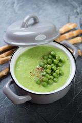 Pot with green peas cream-soup and grissini on a grey concrete background, studio shot