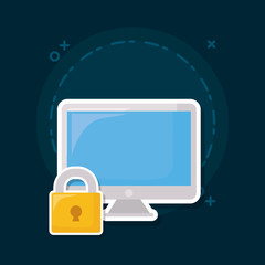 shopping online design with computer and padlock over blue background, colorful design. vector illustration
