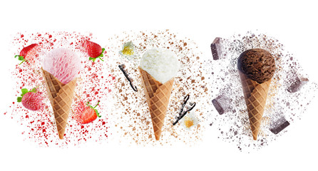 Strawberry, Vanilla and chocolate ice creams isolated