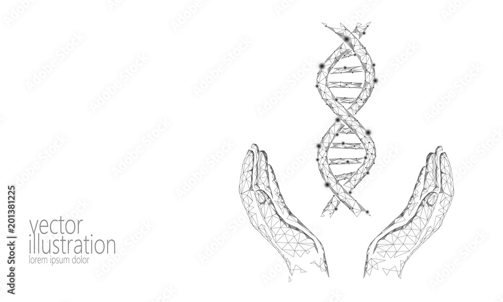 Aufkleber dna 3d chemical molecule structure hands low poly. polygonal triangle point line healthy cell part. 