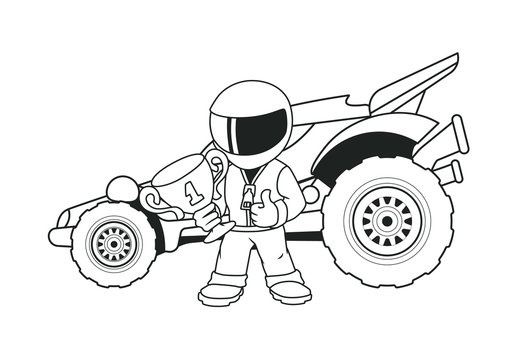 Champion Racer with a Golden Cup and His Racing Car. Coloring Book. Line Art.
