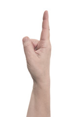 Right hand index finger pointing up - human hand gesture isolated on white background with copyspace