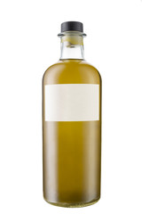 bottiglia di olio di oliva su fondo bianco con etichetta vuota