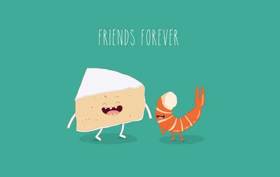 This is vector illustrations. The fanny piece of cheese and shrimp. You can use for cards, fridge magnets, stickers, posters or restaurant menu.