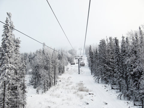 Chair lift in a ski resort in the early morning