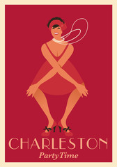 Obraz na płótnie Canvas Poster of flapper girl wearing long necklaces dancing charleston. Charleston Party Time.