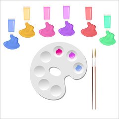 Art materials for drawing liquid acrylic paints, brushes, palettes.