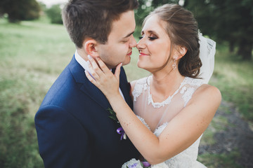 Perfect couple bride, groom posing and kissing in their wedding day