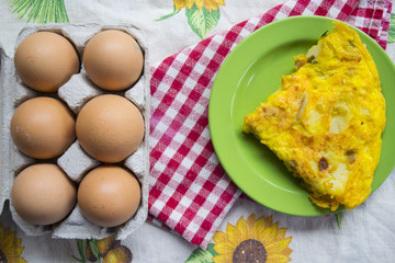 wedge of omelette togheter at fresh eggs