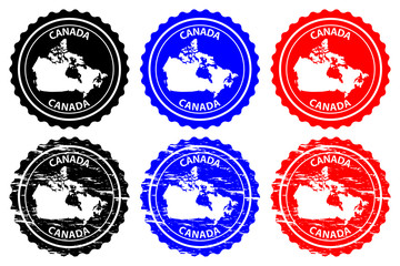 Canada - rubber stamp - vector, Canada continent map pattern - sticker - black, blue and red